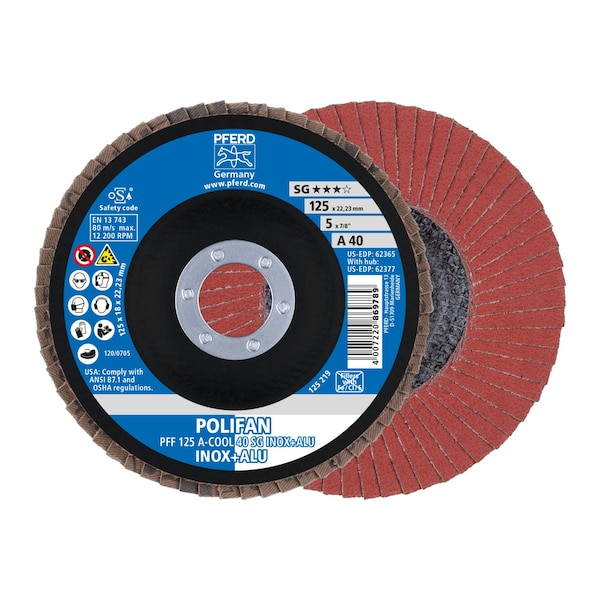 Pferd 5" x 7/8" A.H. POLIFAN Flap Disc - A-COOL SG INOX+ALU, Aluminum oxide, 40 Grit, Flat 62365 - main